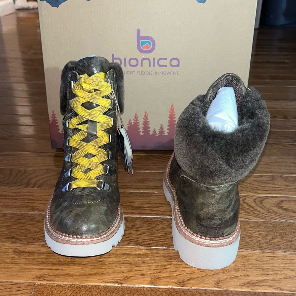 Bionica Danie Genuine Shearling Trim Hiking Boots Olive Green Camo Women’s 6 NEW - Picture 5 of 15